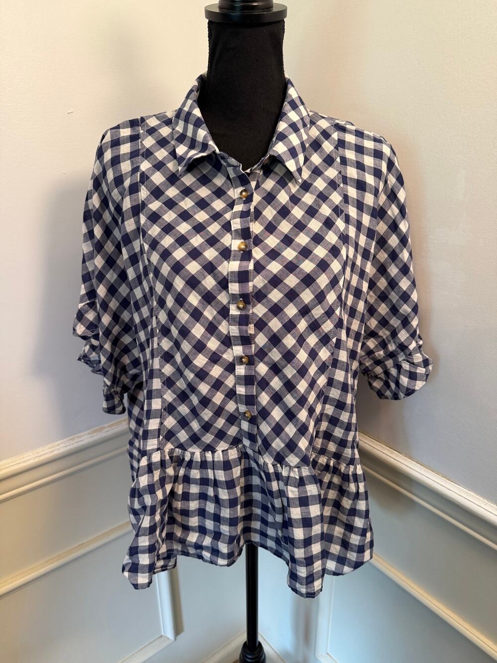Maeve Anthropologie Flounced Gingham Peplum Blouse Blue White Linen Blend Button